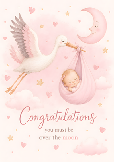 New Baby Girl Over The Moon Stork