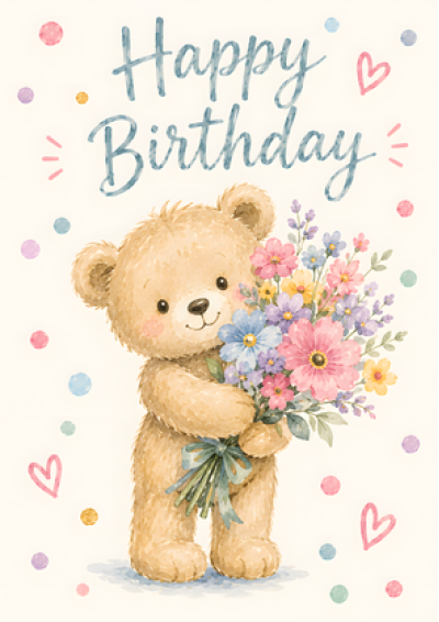 Teddy Bear With Flowers (Happy Birthday)