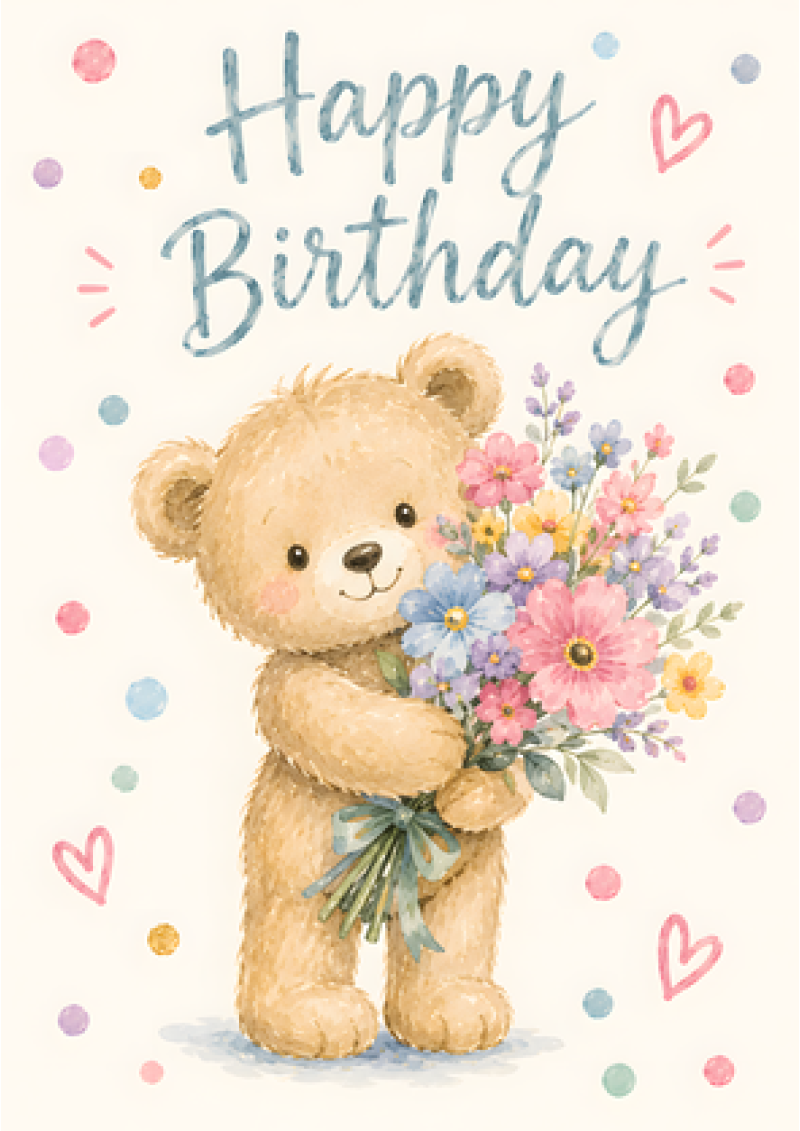 Teddy Bear With Flowers (Happy Birthday)
